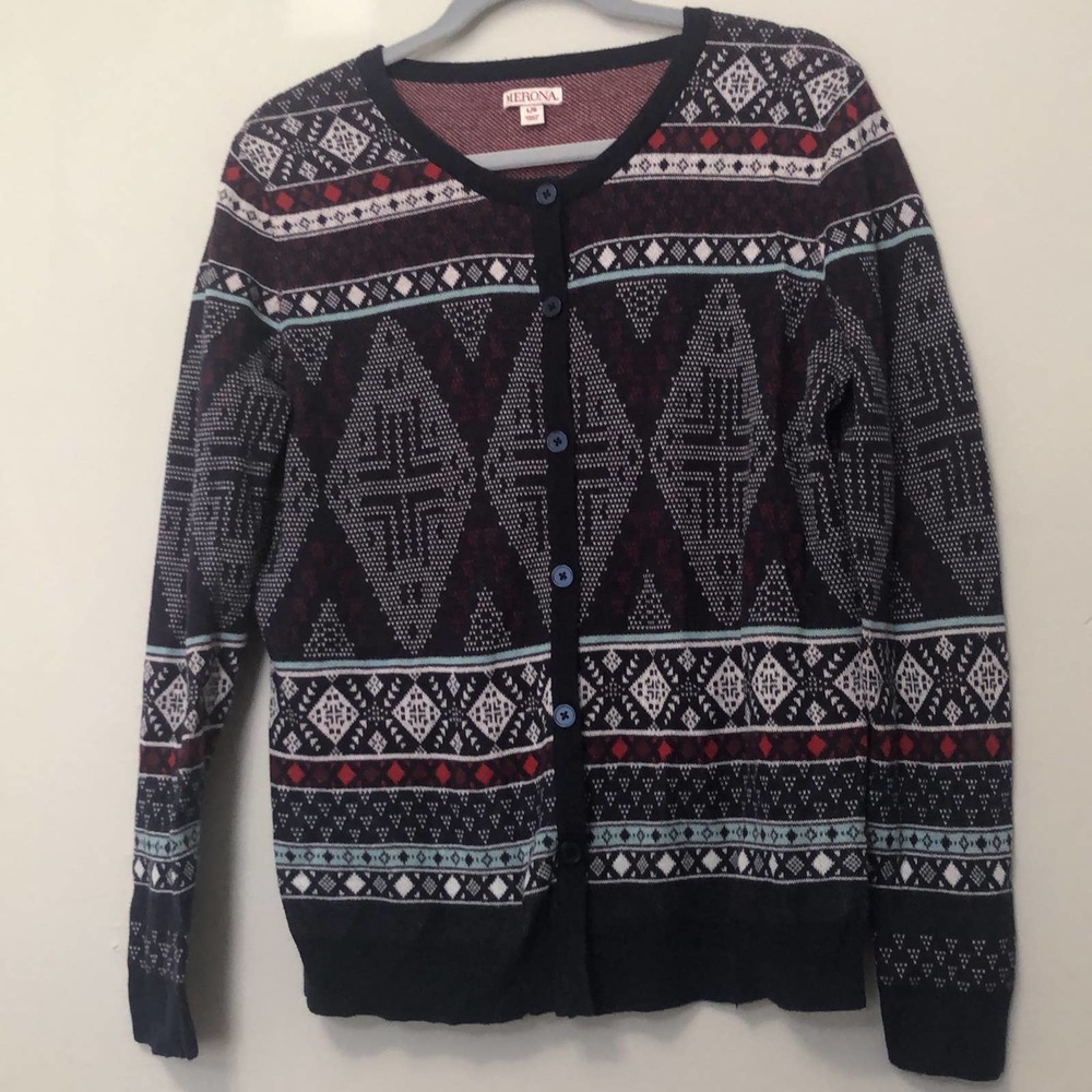 Merona Graphic Print Button Front Cardigan‎ Women’s Large EUC